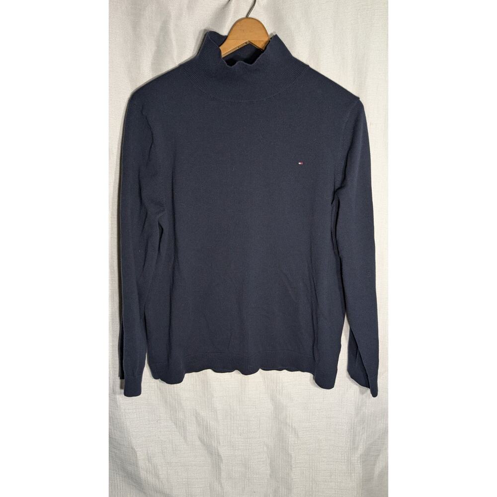 Tommy Hilfiger Womens Mock Neck Sweater Sz XL Logo Navy Classic Basic Minimalist
